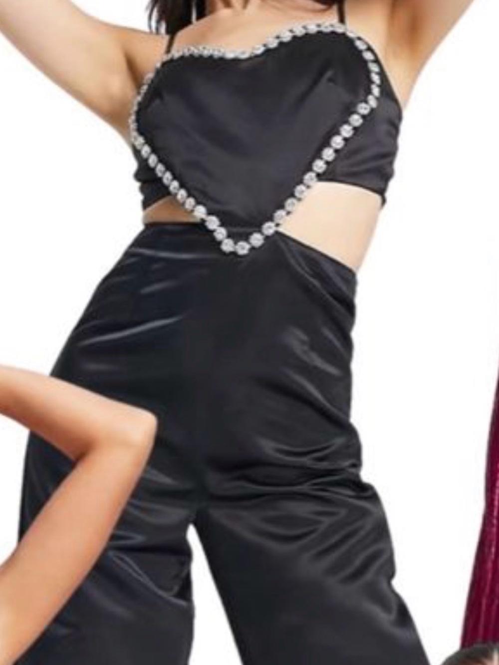 Black Satin Wide-Leg Jumpsuit with Crystal Heart Trim